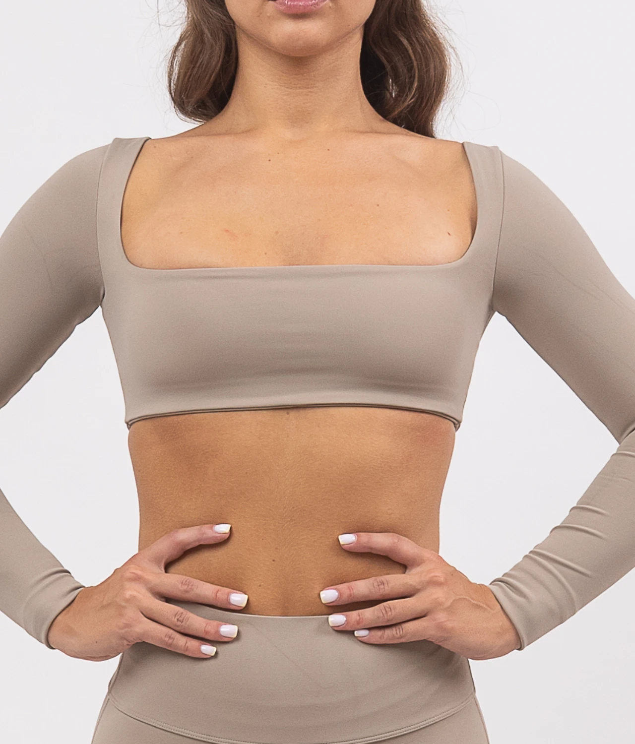 Leila-dark-beige-top-na-dug-rukav-3-1 Leila dark beige long sleeve top - Image 1